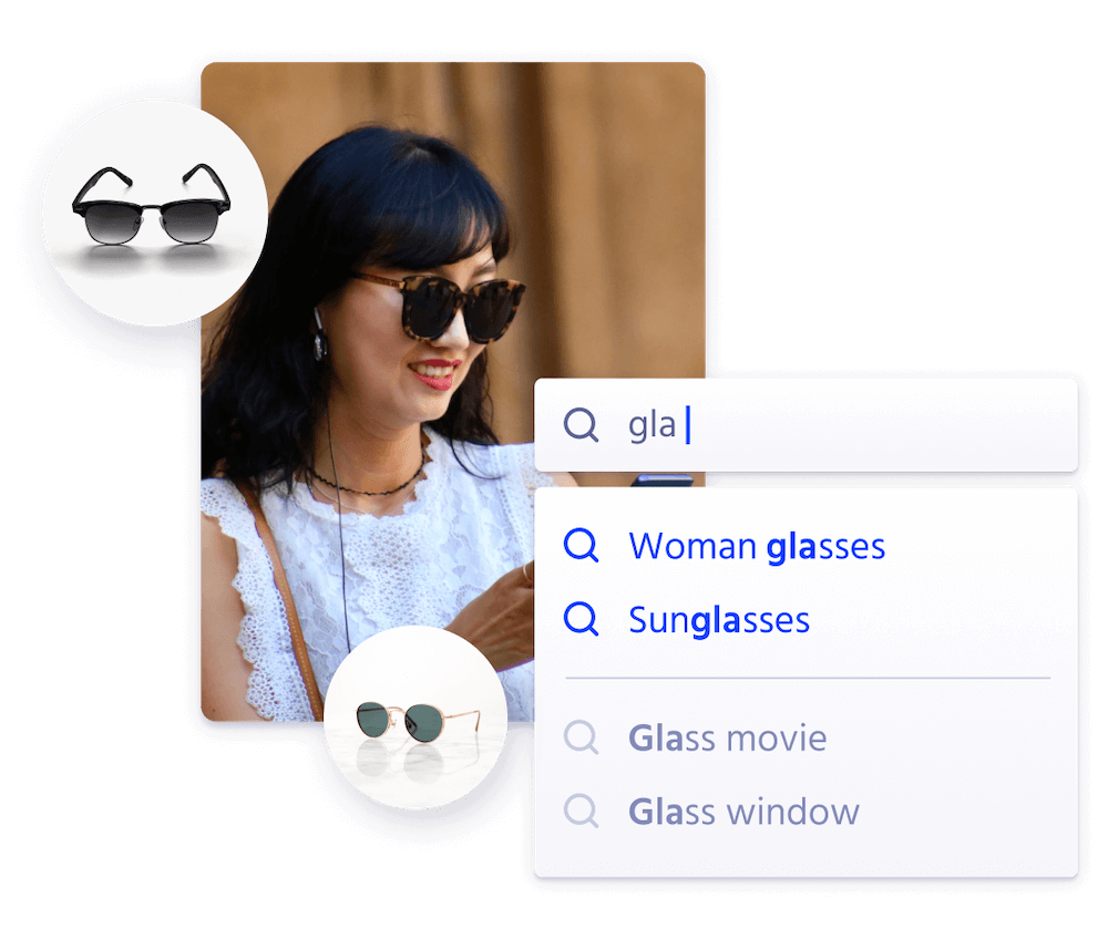 Search bar with a search for glasses, and picture of a woman wearing sunglasses